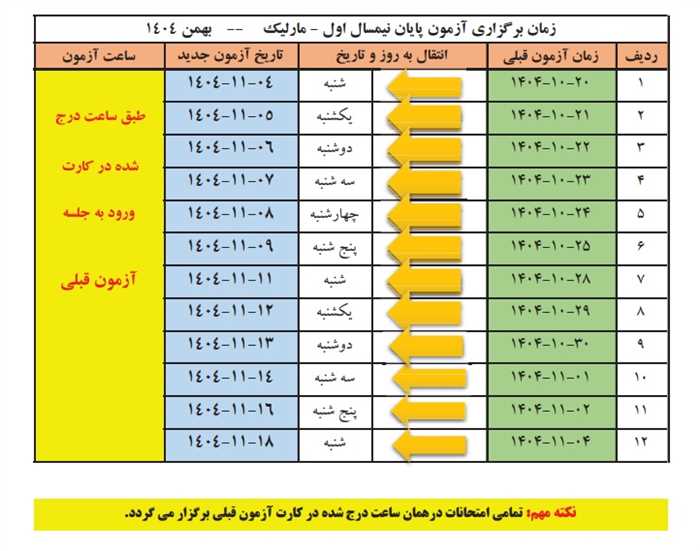زمانبندی جدید امتحانات