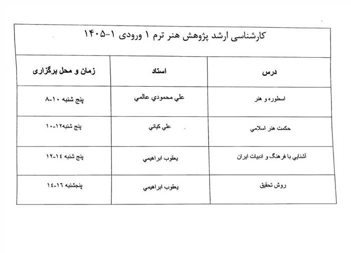 اطلاعیه آغاز سال تحصیلی مقطع کارشناسی ارشد رشته « پژوهش هنر » ورودی مهر ١۴٠۵