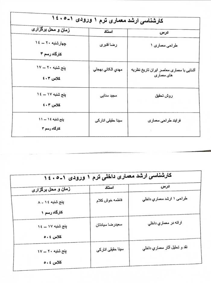 اطلاعیه آغاز سال تحصیلی مقطع کارشناسی ارشد رشته « مهندسی معماری  »  و رشته « معماری داخلی  »   ورودی مهر ١۴٠۵